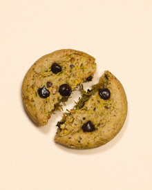 vegan pistachio chocolate cookie with roasted pistachios, pistachio butter, toasted kataifi, dark chocolate chips