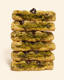 vegan pistachio chocolate cookie with roasted pistachios, pistachio butter, toasted kataifi, dark chocolate chips
