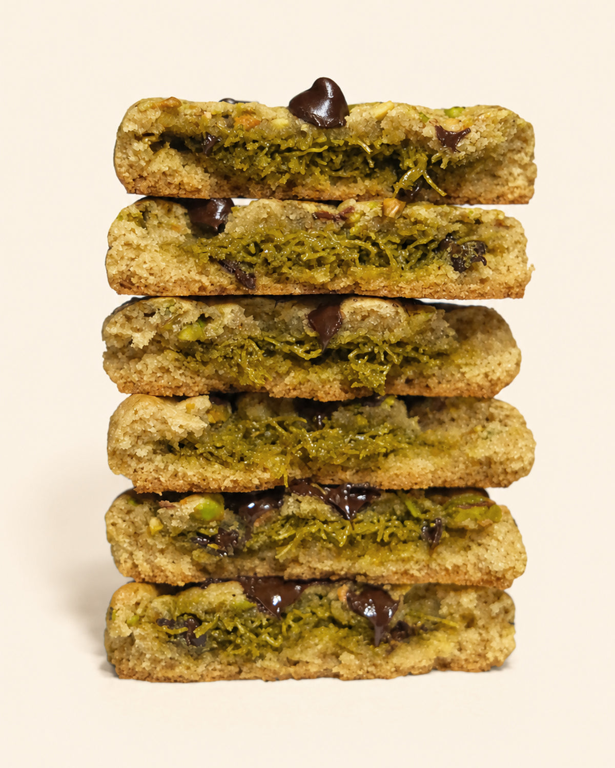 vegan pistachio chocolate cookie with roasted pistachios, pistachio butter, toasted kataifi, dark chocolate chips